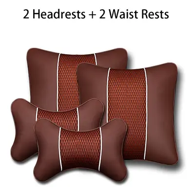 (B-Caffee 4X) 2Pcs PU Leather Knitted Car Pillows Headrest Neck Rest Cushion Support