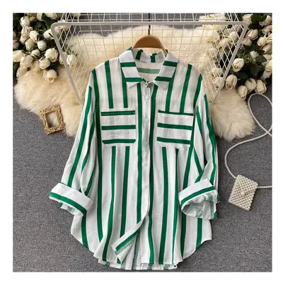 (green, XL) Spring Summer Striped Blouse Fashion Turn-down Collar Long Sleeve Button Top Casual 