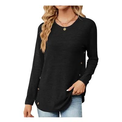 (M, black) New Round Neck Solid Color Button Long Sleeve Loose T-shirt Tops for Women