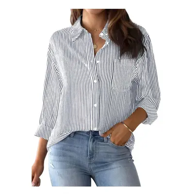 (B25SHH01517304, 3XL) Women's Shirt Blouse Pink Striped classic Print,Button Long Sleeve Casual 