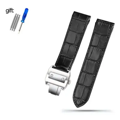 (Black-silver 23mm) Genuine Leather Watch Strap For Cartier Santos Men&apos;s And Women&apos;s B