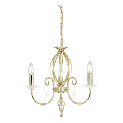 3 Bulb Chandelier Cut Glass Droplets Central Curved Stem Polished Brass E14 60W