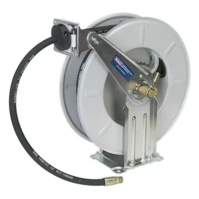 10m Heavy Duty Retractable Oil Hose Reel - 1/2" BSP - 1.5m Connection Hose