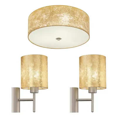 Low Ceiling Light & 2x Matching Wall Lights Gold Fabric Round Diffused Shade