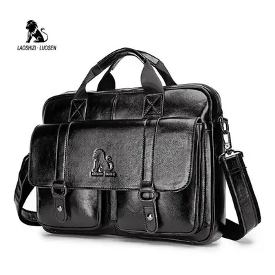 (black) Laoshizi Briefcase Messenger Bag Men&apos;s Genuine Leather 15&apos;&apos; Laptop Bag Me