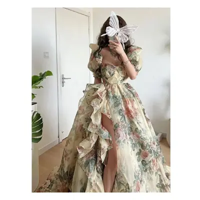 (khaki, L) Floral Print Evening Party Dress Women Puff Sleeve Elegant Princess Long Dres Ladies 