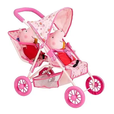 Peppa Pig Tandem Twin Stroller | Toy Dolls Double Buggy In Pink | Childrens Baby Doll Stroller T