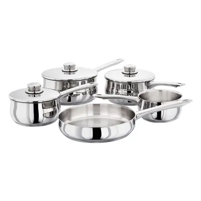 Stellar Set of Stainless Steel Pans, 20cm, 18cm, 16cm Deep Saucepans, Lids, 24cm Frying Pan, Mil