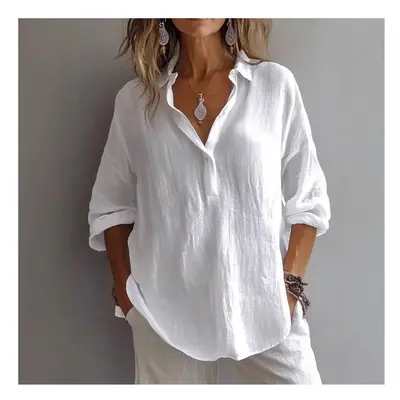 (white, L) For Women Casual Solid Top Shirt Spring Autumn Fashion Elegant Long Sleeve Cotton Lin