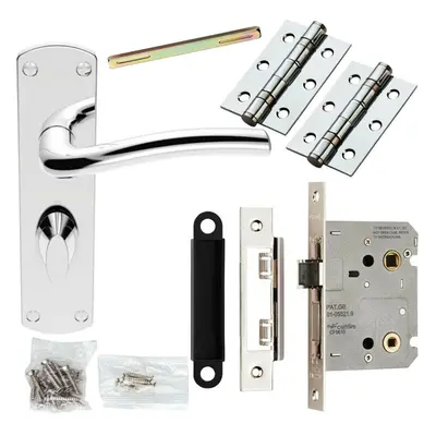 Door Handle & Bathroom Lock Pack Chrome Curved Round Arm Thumb Turn Backplate