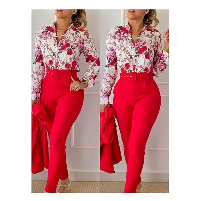 (Red, XL) Women's Printed Long Sleeved Shirt Suit Spring Summer Slim High Waist Lace Up Elegant 