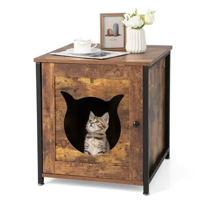 (Brown) Wooden Cat Litter Box Enclosure Kitten House w/Door Side Table