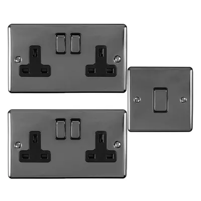 BLACK NICKEL Bedroom Socket & Switch Set - 1x Light & 2x Double UK Power Sockets