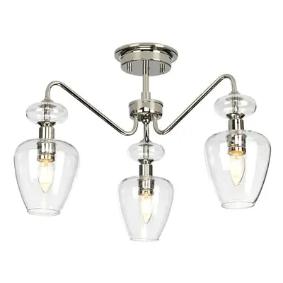 3 Bulb Semi Flush Light Highly Polished Nickel Clear Glass Shades LED E14 40W