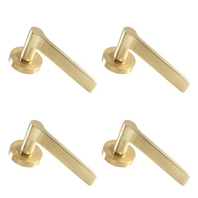 4x PAIR Straight Rounded Handle on Round Rose Concealed Fix Satin Brass