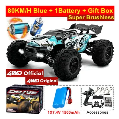 (4WD 80KM Blue 1B) 1:16 80km/h Brushless RC Drift Car With LED Lights 4WD Electric High Speed Ra