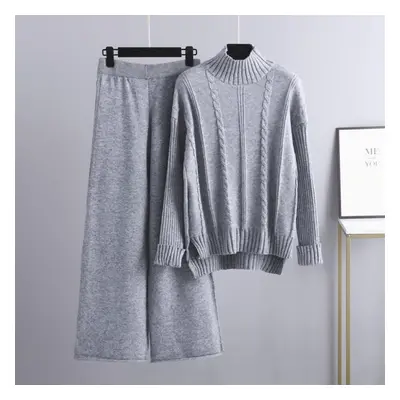 (gray, OneSize) Autumn Winter Half High Neck Solid Color Long Sleeve Twist Sweater Chic Sets For