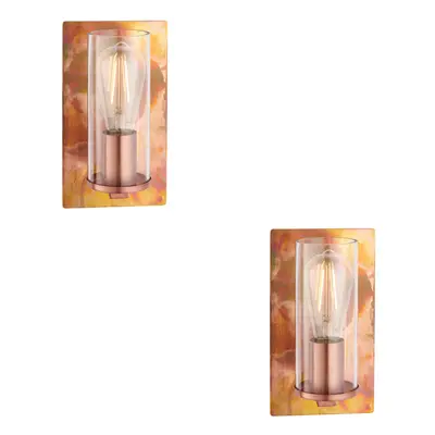 2 PACK Copper Patina Plate Wall Lamp Light & Clear Glass Shade - Dimmable LED