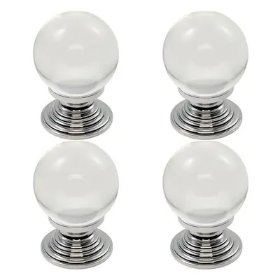 4x Crystal Ball Cupboard Door Knob 30mm Diameter Clear Translucent & Chrome