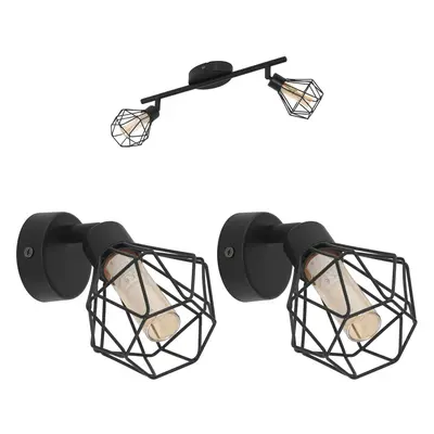 Twin Ceiling Spot Light & 2x Matching Wall Lights Black Modern Cage Moving Head