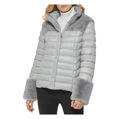 DKNY Women's Faux Fur Cuffed Sleeve Puffer Jacket Flint