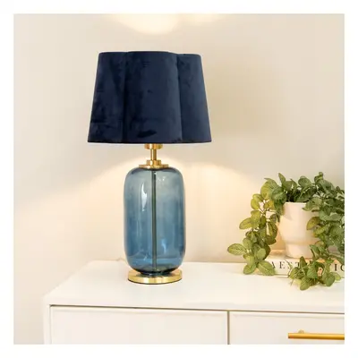 ValueLights Leigh Navy Velvet Scallop Shade Blue Glass Gold Table Lamp