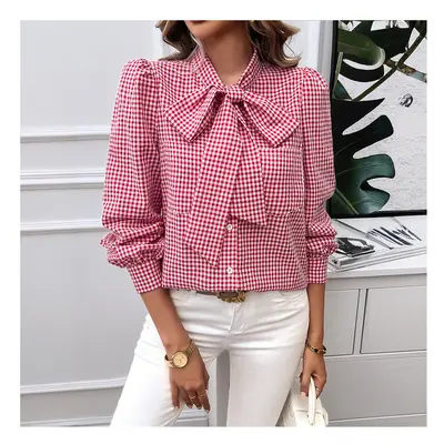 (red, M) Women's Plaid Shirt Elegant Temperament Button Bow Collar Office Attendance Long Sleeve