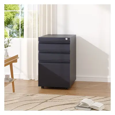 3-Drawer Black File Cabinet with Wheels