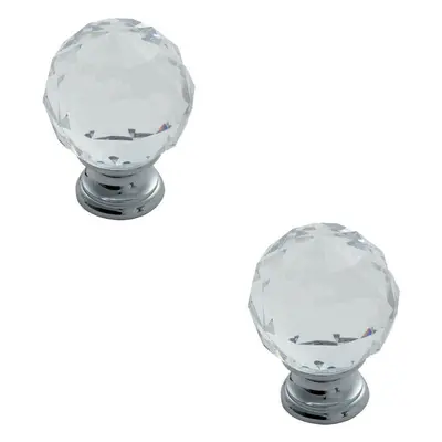 2x Faceted Crystal Cupboard Door Knob 25mm Dia Polished Chrome Cabinet Handle