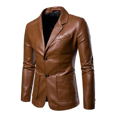 (earth yellow, M) Spring Autumn Fashion Men&apos;s Lapel Coat Male Business Casual Pu Blazers Ja