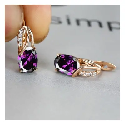 (purple) Aqua Blue Zircon Oval Stone Earrings Multicolor Crystal Hoop Earrings Rose Gold Color E