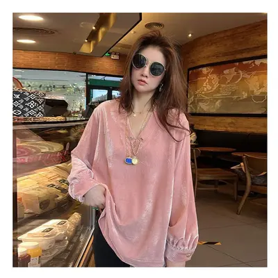 (Pink, L) Women Spring Autumn Simplicity Loose Large Size Solid Color V-neck Long Sleeve T-Shirt