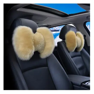 (beige 2pcs) Winter Pure Wool Car Headrest Neck Pillow Warm Soft Fur Auto Bone Seat