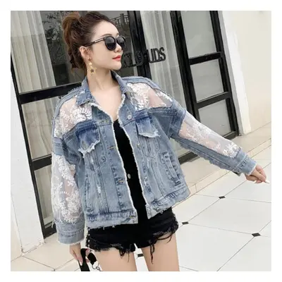 (blue, XL) Summer Street Style Embroidery Lace Patchwork Sexy Denim Jacket Frayed Tassel Loose J