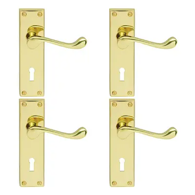 4x Victorian Scroll Lever on Rectangular Lock Backplate x 41mm Brass