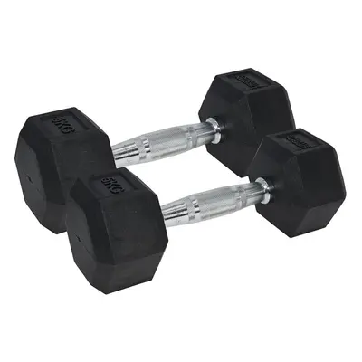 Pro Dumbbell Pair - 2x 5KG Rubber Coated Hex Dumb-Bells - Knurled Steel Handle