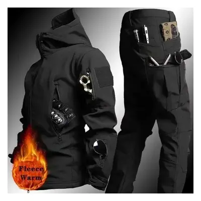 (black, XXL) Winter Set Men's Outdoor Windproof Suit Pocket Soft Shell Hooded Jackets Work Pants