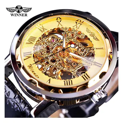 (gold) T-winner Men Relogios Skeleton Watches Brand Luxury Leather Strip Wrist Watch Men Mechani