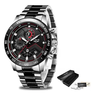 (Silver Black) Lige Luxury Fashion Sports Chronograph Quartz Men Watch