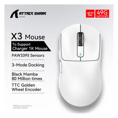 (X3 1K White) Attack Shark Wireless Mouse, Macro Gaming Mouse,Lightweight Mouse,PixArt PAW3395 6