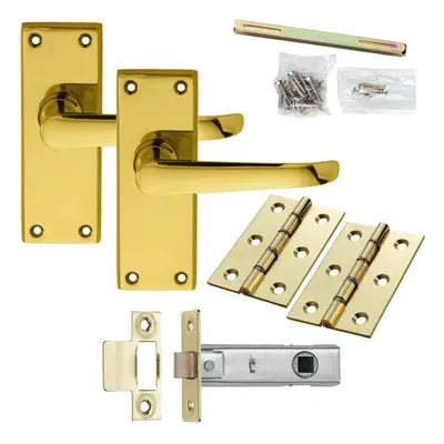 Door Handle & Latch Pack Brass Victorian Straight Lever Square Backplate