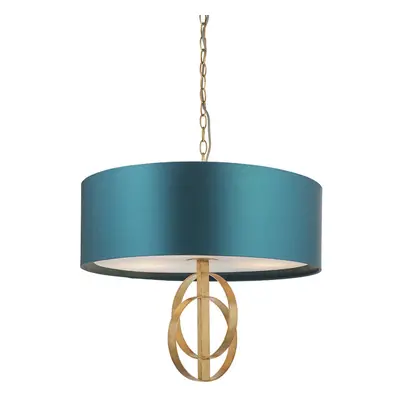 Antique Gold Ceiling Pendant Light & Teal Satin Shade - Bulb Hanging Fitting