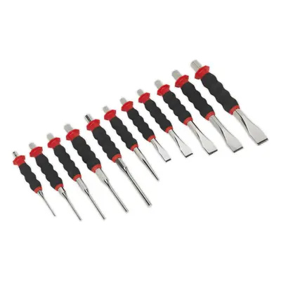 11 Piece Sheathed Punch & Chisel Set - Hardened & Tempered - Contoured Foam Grip