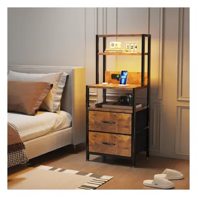 (Rustic Brown) Nightstand with charging station and LED light strip, nightstand with drawers, li