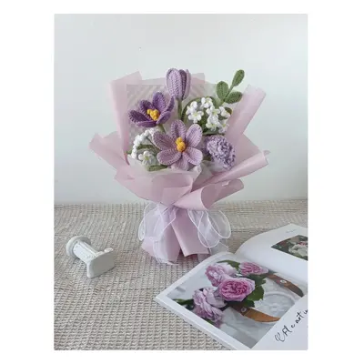 (Purple Medium Wrapped) Crochet flowers bouquet, Tulip, Pink, white, purple, blue, everlasting, 