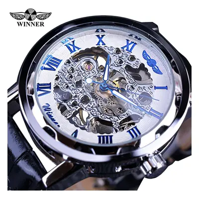 (white,blue) T-winner Men Relogios Skeleton Watches Brand Luxury Leather Strip Wrist Watch Men M