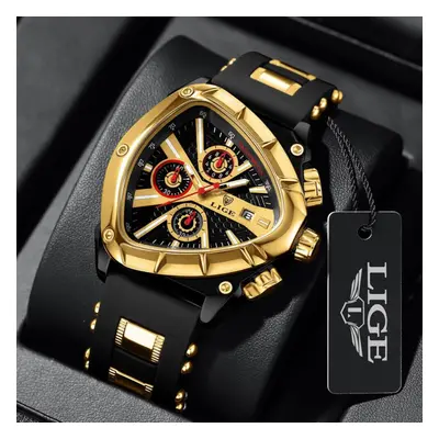 (gold) Lige Creative Fashion Men Quartz Watch Top Brand Triangle Dial Leisure Watch Night Glow W