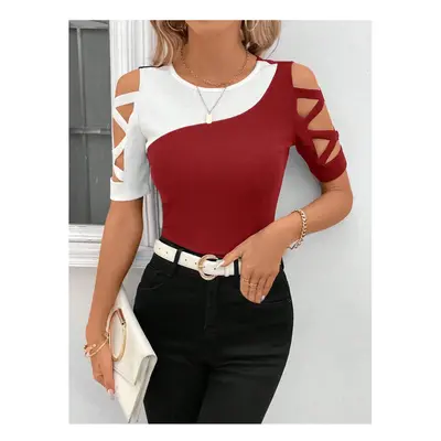 (Red, M) Women's Fashion Blouses T-shirt Summer New Color Block Cross Off Shoulder Slim Short Sl