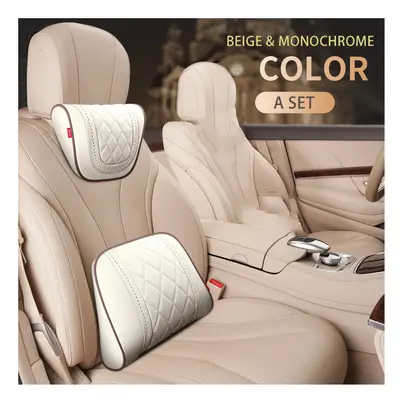 (Beige-A Set) Car Leather Headrest Memory Foam Car Rest Pillow Back Cushion Auto Seat