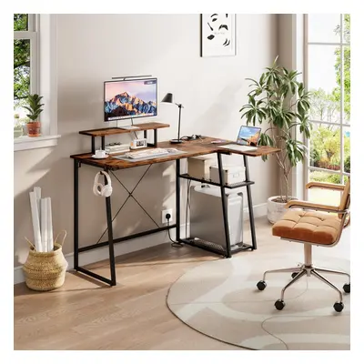 Dripex Shaped Computer Desk with 2-Tier Storage Shelves, Corner Desk with Power Outlets, USB Cha